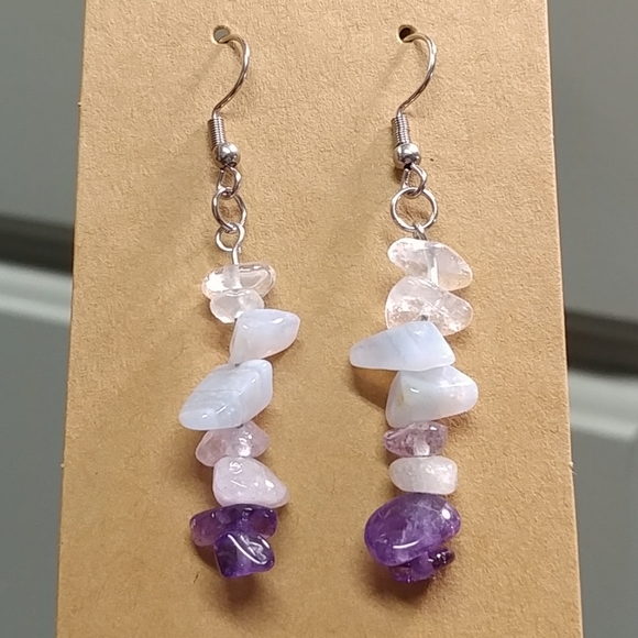 Amethyst Quartz Crystal Blue Lace Agate Earrings Natural Gemstone Chip Beaded - Picture 6 of 14